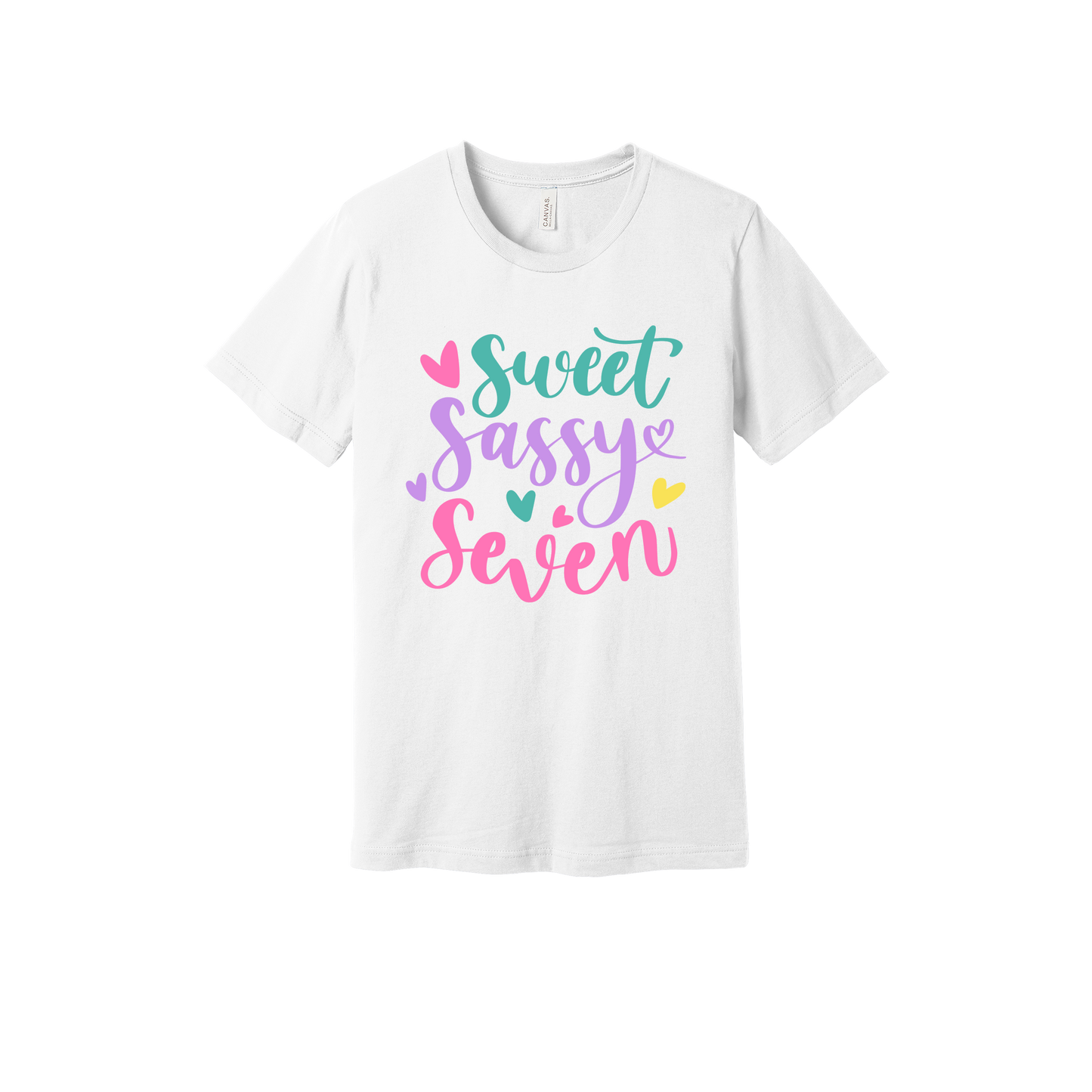 Sweet and Sassy Seven Apparel design on generic tee presentation in white, front view.