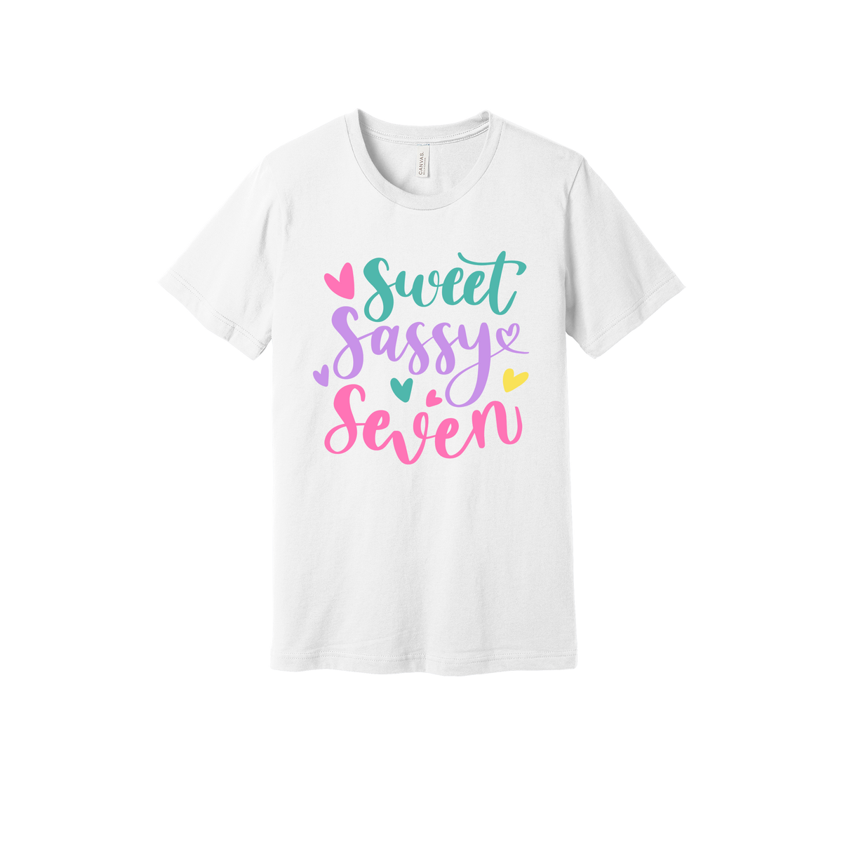 Sweet and Sassy Seven Apparel design on generic tee presentation in white, front view.