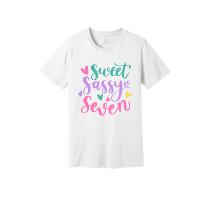 Sweet and Sassy Seven Apparel design on generic tee presentation in white, front view.