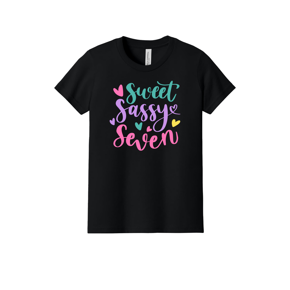Sweet, Sassy & 7 Apparel design on official Youth Bella+Canvas T-shirt in Black, front view.