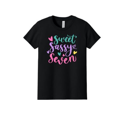 Sweet, Sassy & 7 Apparel design on official Youth Bella+Canvas T-shirt in Black, front view.
