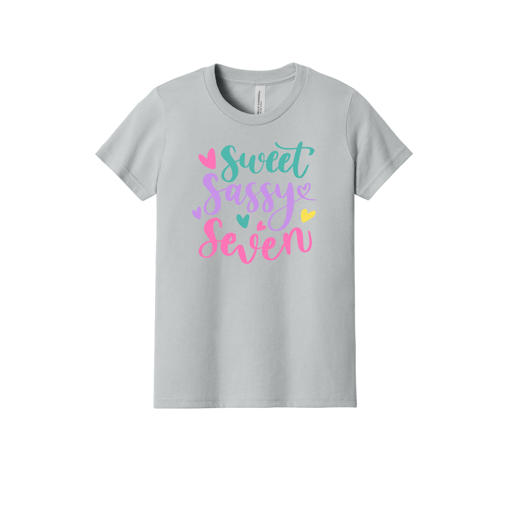 Sweet and Sassy Seven Apparel design on youth tee in gray, front view.