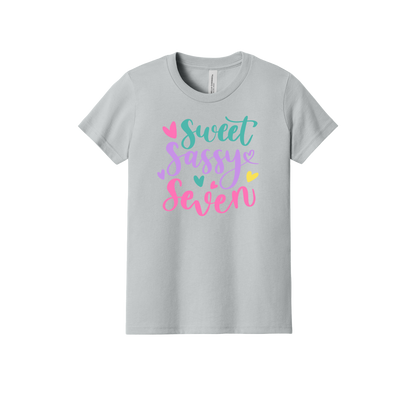 Sweet and Sassy Seven Apparel design on youth tee in gray, front view.