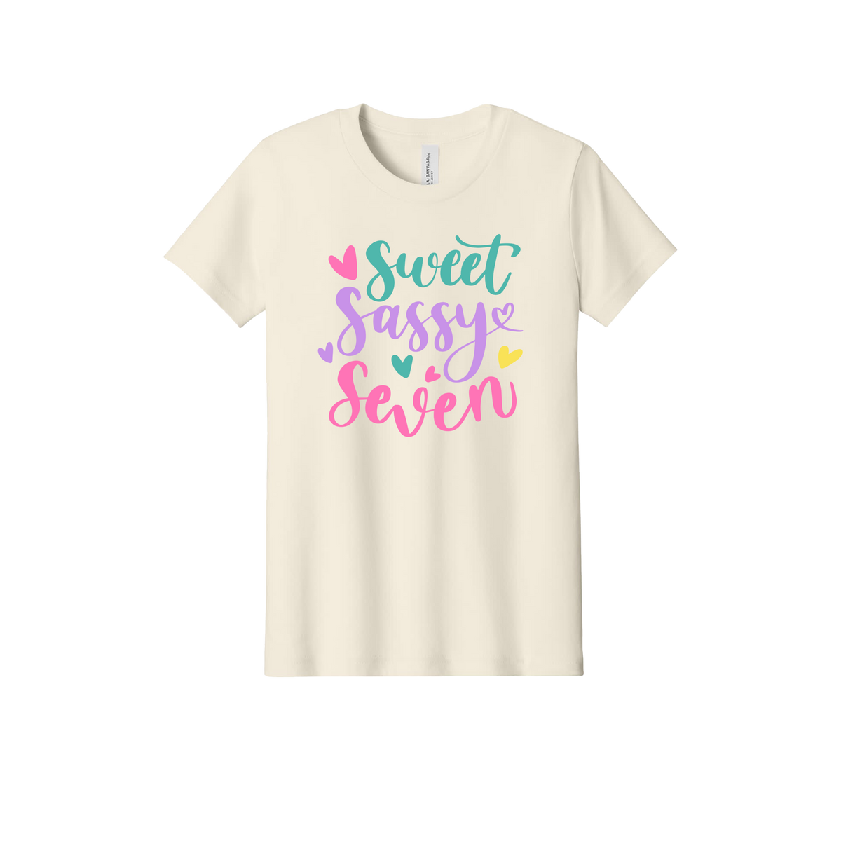 Sweet, Sassy & 7 Apparel design on official Youth Bella+Canvas T-shirt in Natural, front view.