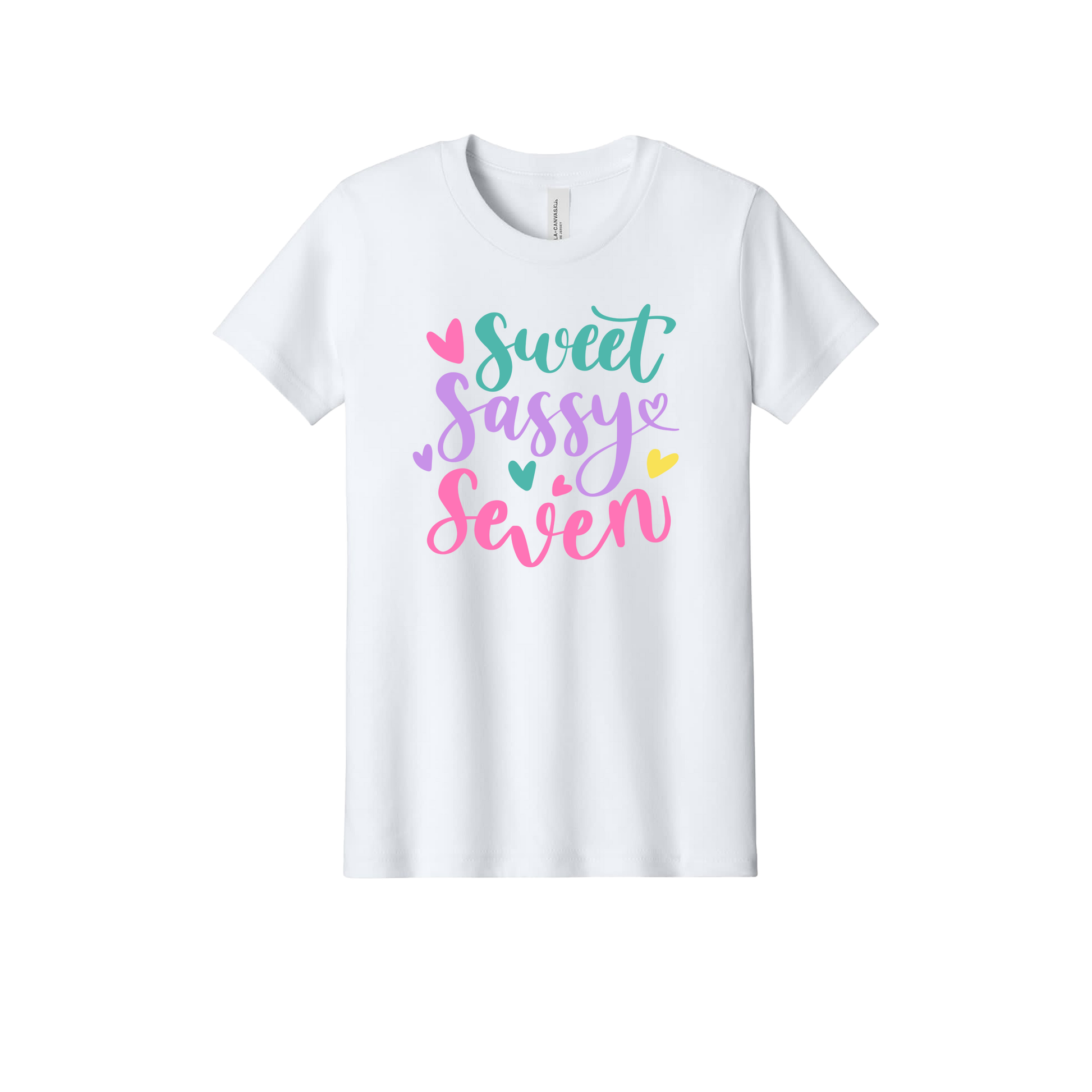 Sweet, Sassy & 7 Apparel design on official Youth Bella+Canvas T-shirt in White, front view.