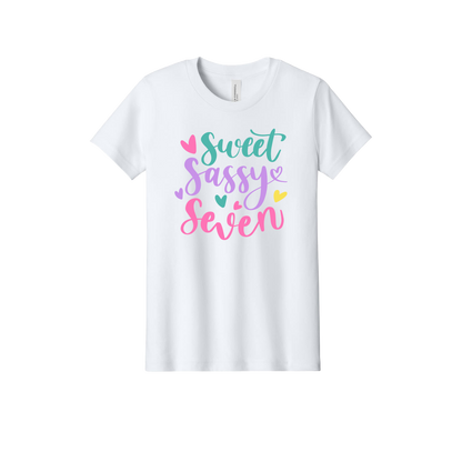 Sweet, Sassy & 7 Apparel design on official Youth Bella+Canvas T-shirt in White, front view.