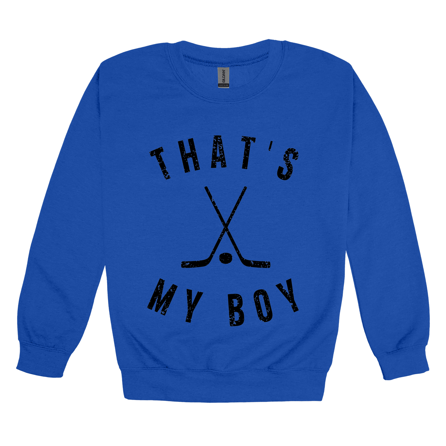 That's My Boy Apparel design on adult crewneck in blue, front view.