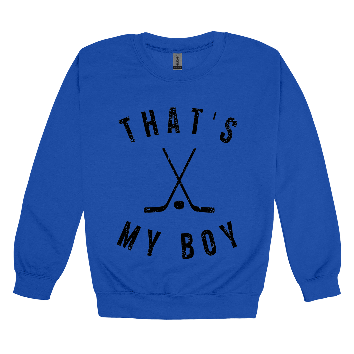 That's My Boy Apparel design on adult crewneck in blue, front view.