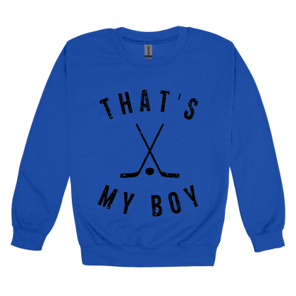 That's My Boy Apparel design on adult crewneck in blue, front view.