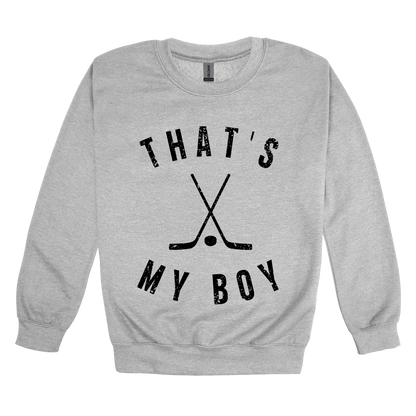 That's My Boy Apparel design on adult crewneck in gray, front view.
