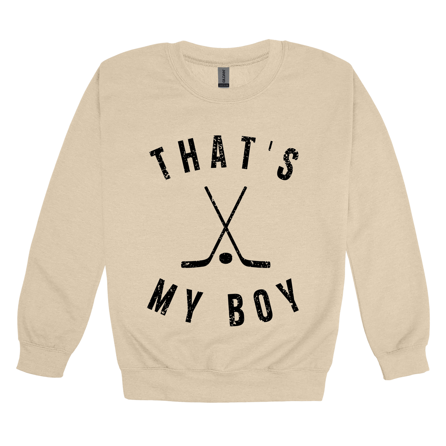 That's My Boy Apparel design on adult crewneck in tan, front view.