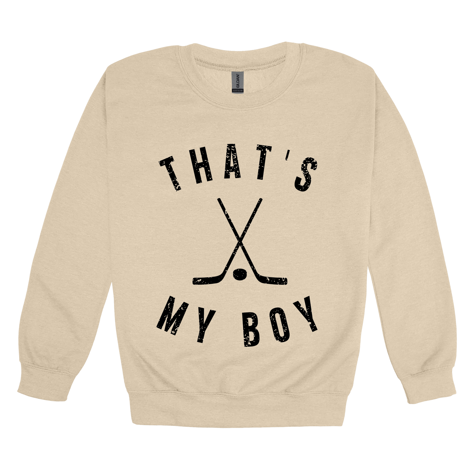 That's My Boy Apparel design on adult crewneck in tan, front view.
