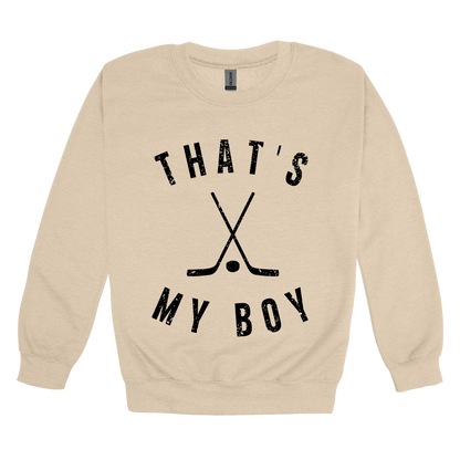 That's My Boy Apparel design on adult crewneck in tan, front view.