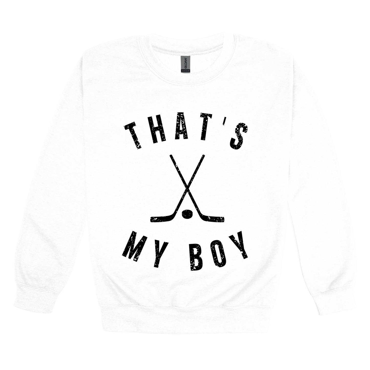 That's My Boy Apparel design on adult crewneck in white, front view.