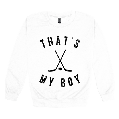 That's My Boy Apparel design on adult crewneck in white, front view.