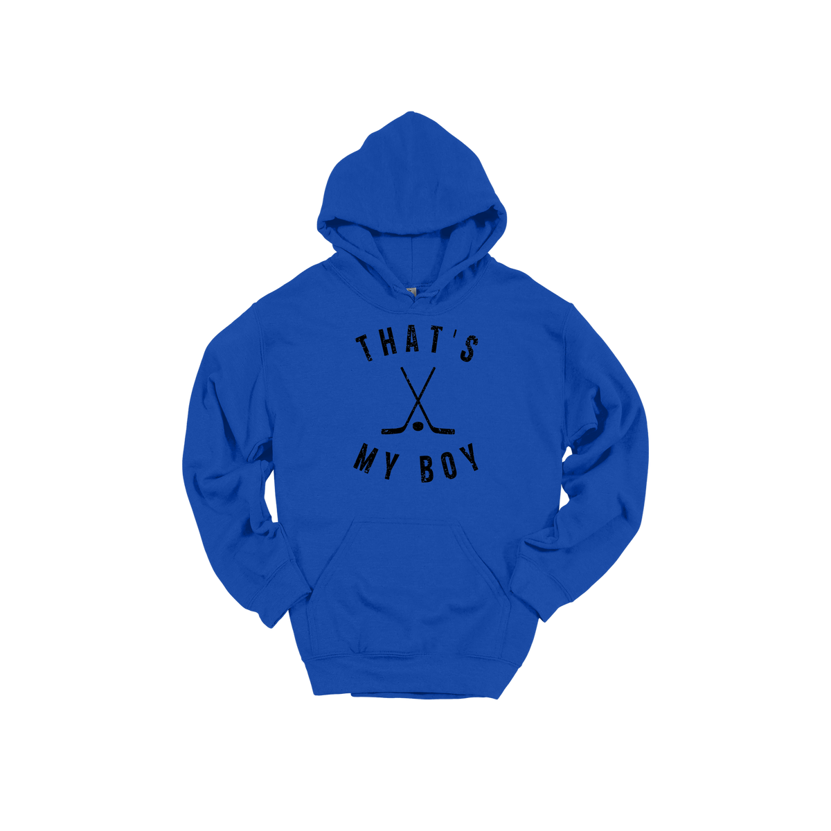 That's My Boy Apparel design on adult hoodie in blue, front view.