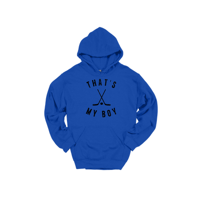 That's My Boy Apparel design on adult hoodie in blue, front view.