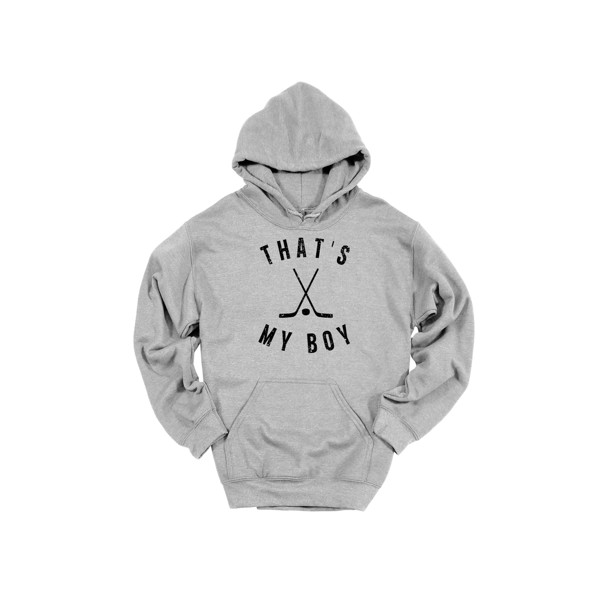That's My Boy Apparel design on adult hoodie in gray, front view.