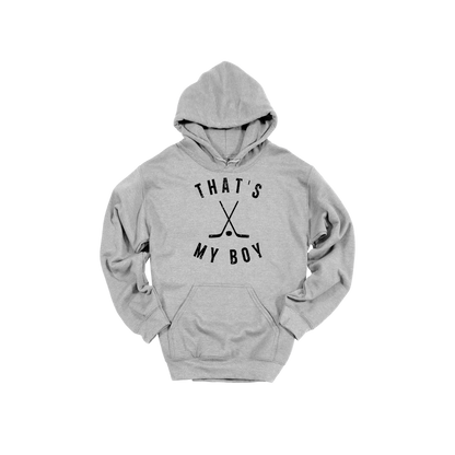 That's My Boy Apparel design on adult hoodie in gray, front view.