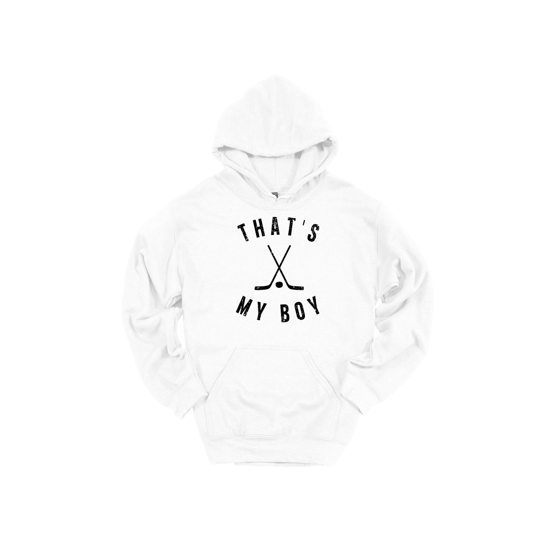 That's My Boy Apparel design on adult hoodie in white, front view.