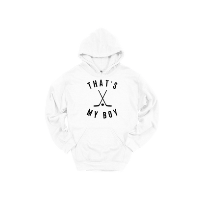 That's My Boy Apparel design on adult hoodie in white, front view.