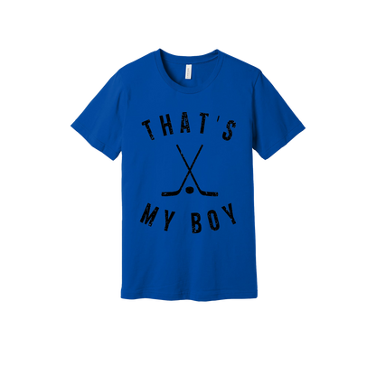 That's My Boy Apparel design on adult tee in blue, front view.