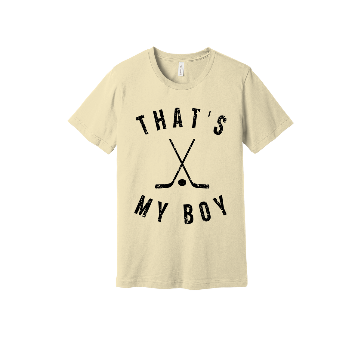 That's My Boy Apparel design on adult tee in tan, front view.