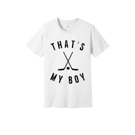 That's My Boy Apparel design on adult tee in white, front view.