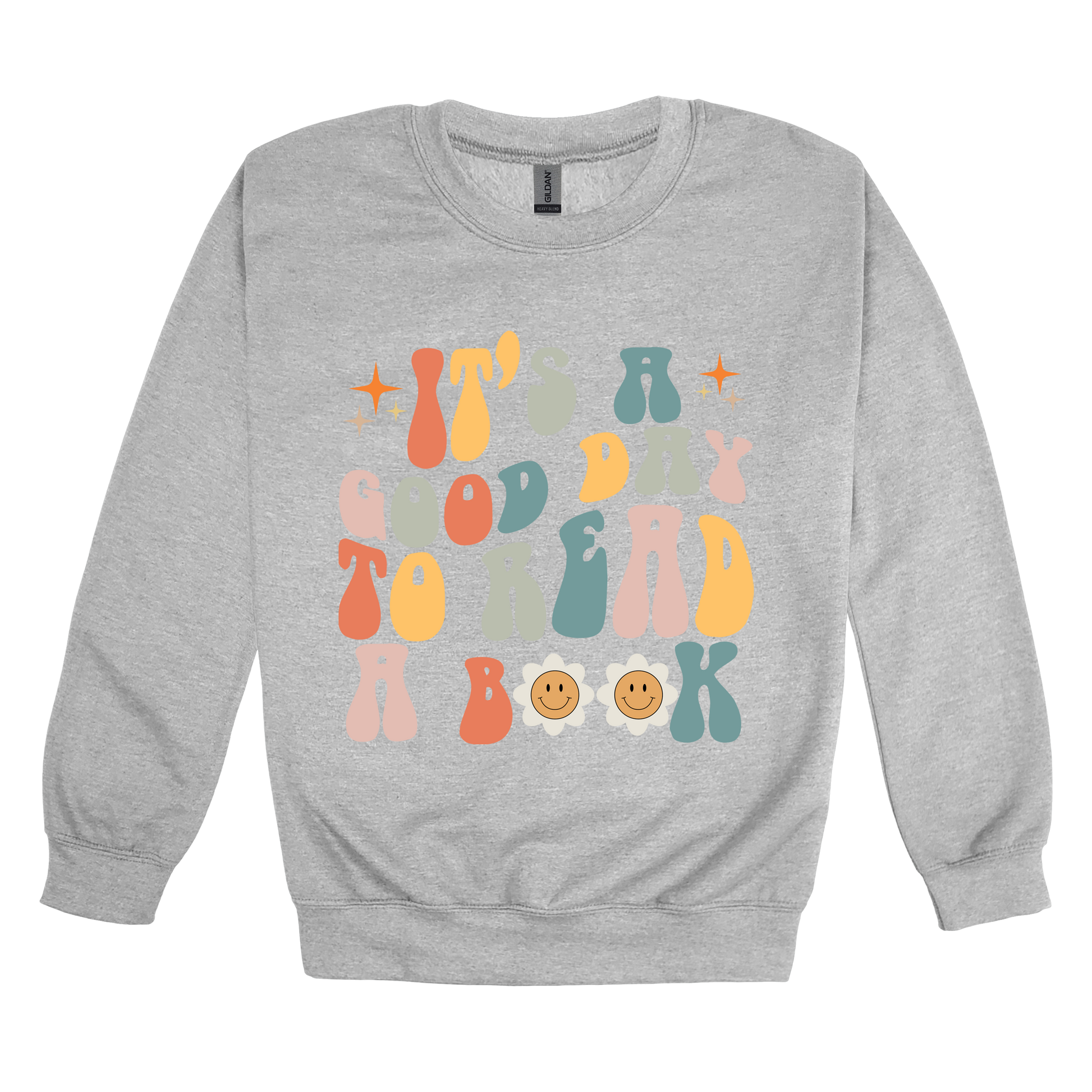It's a Good Day to Read a Book Apparel design on adult crewneck in gray, front view.