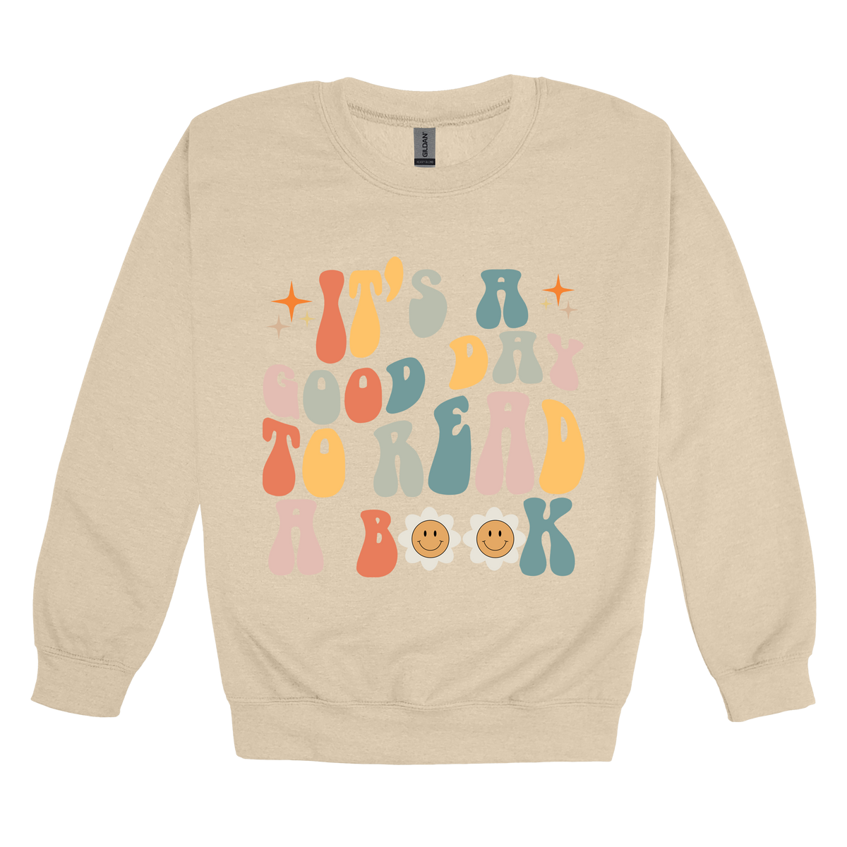 It's a Good Day to Read a Book Apparel design on adult crewneck in tan, front view.