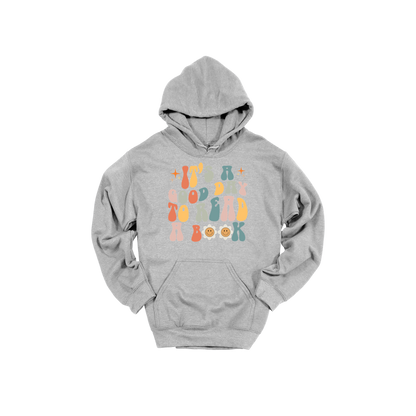 It's a Good Day to Read a Book Apparel design on adult hoodie in gray, front view.