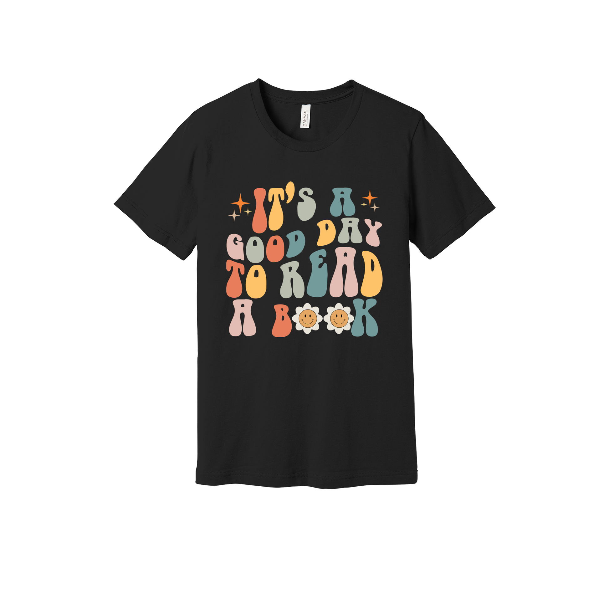 It's a Good Day to Read a Book Apparel design on adult tee in black, front view.
