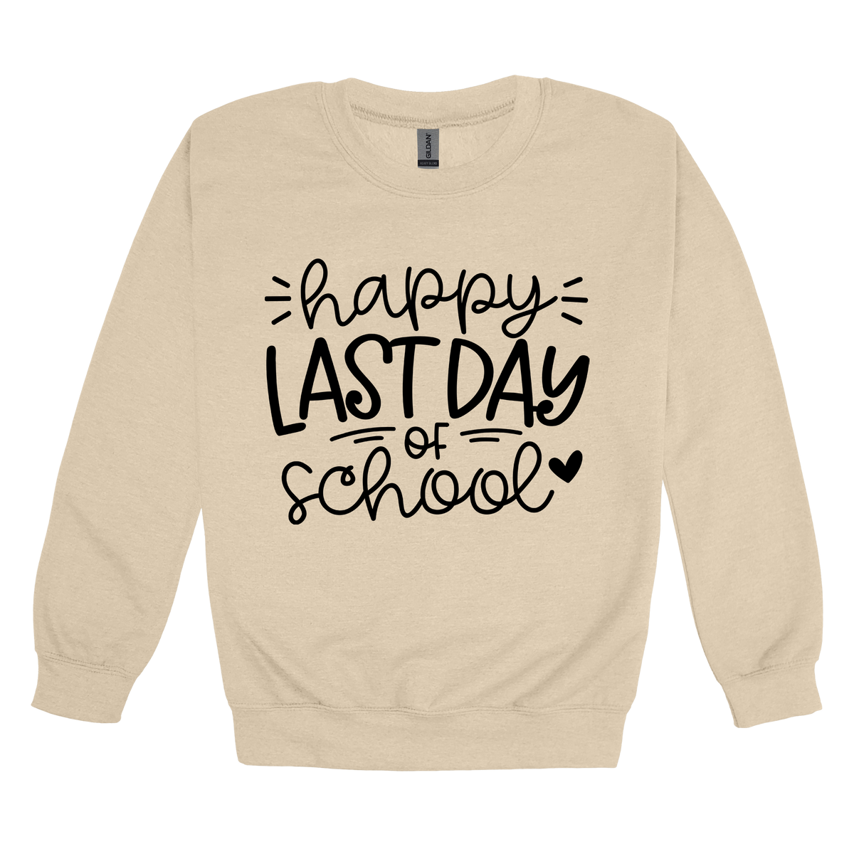 Happy Last Day of School Apparel design on adult crewneck in tan, front view.