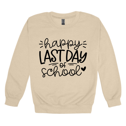 Happy Last Day of School Apparel design on adult crewneck in tan, front view.