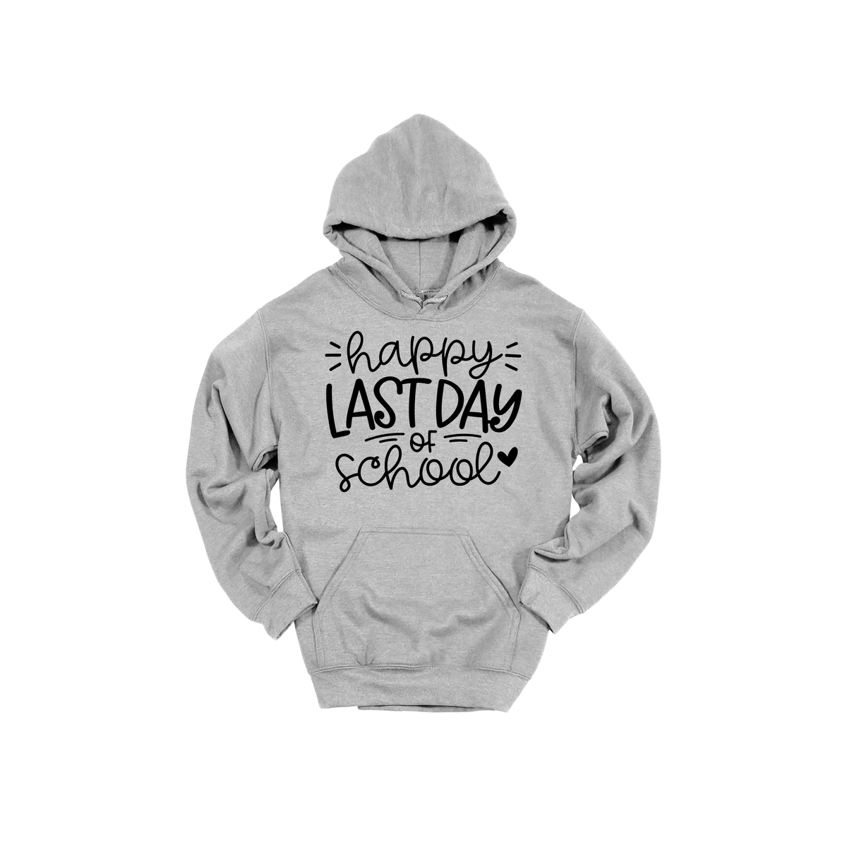 Happy Last Day of School Apparel design on adult hoodie in gray, front view.