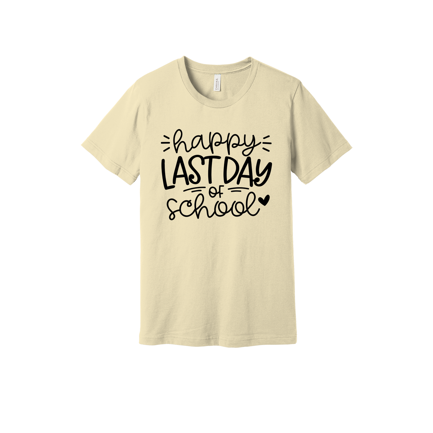 Happy Last Day of School Apparel design on adult tee in tan, front view.