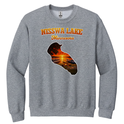 Nisswa Lake design on Heather Grey crewneck sweatshirt