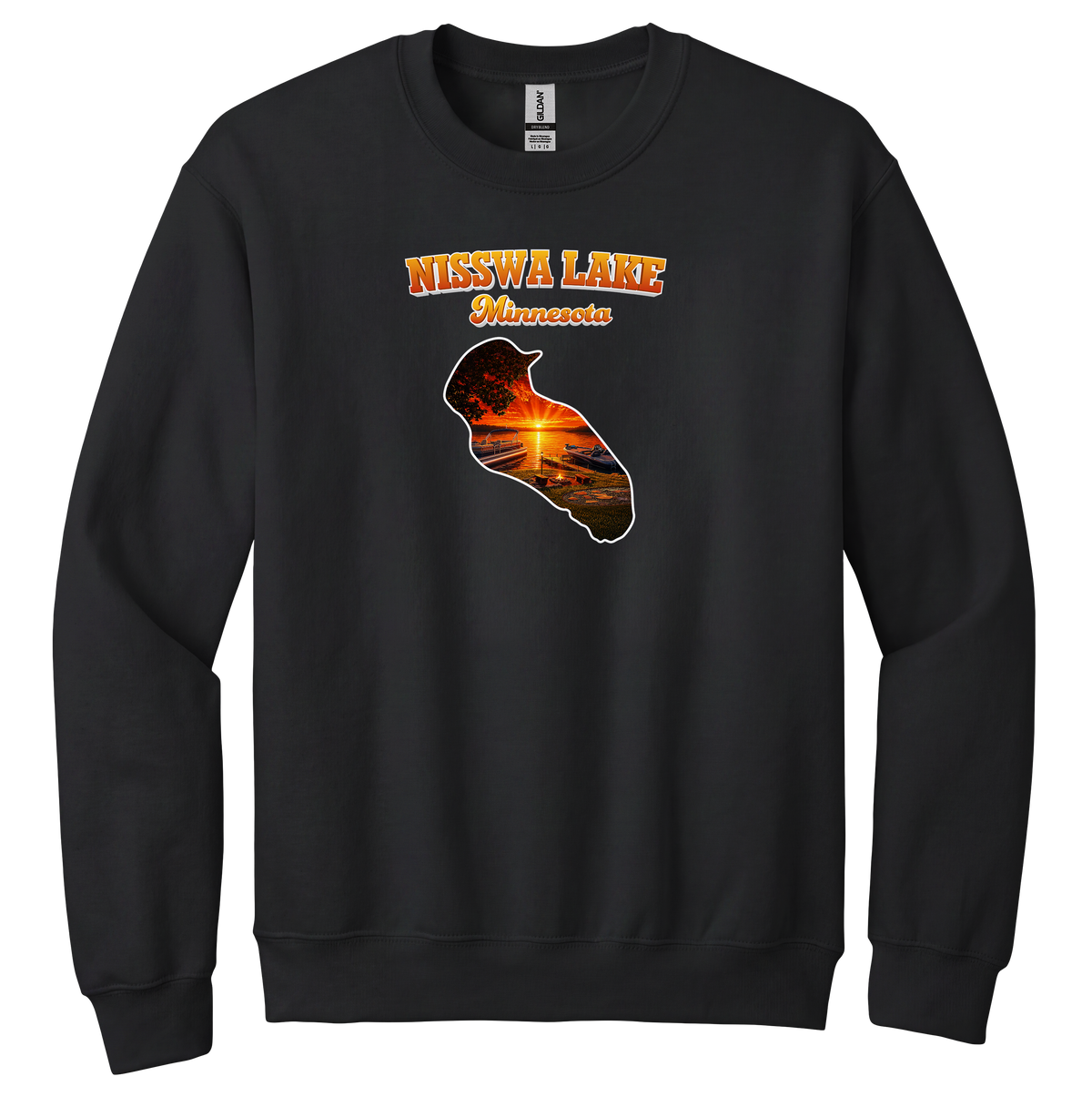 Nisswa Lake design on Black crewneck sweatshirt