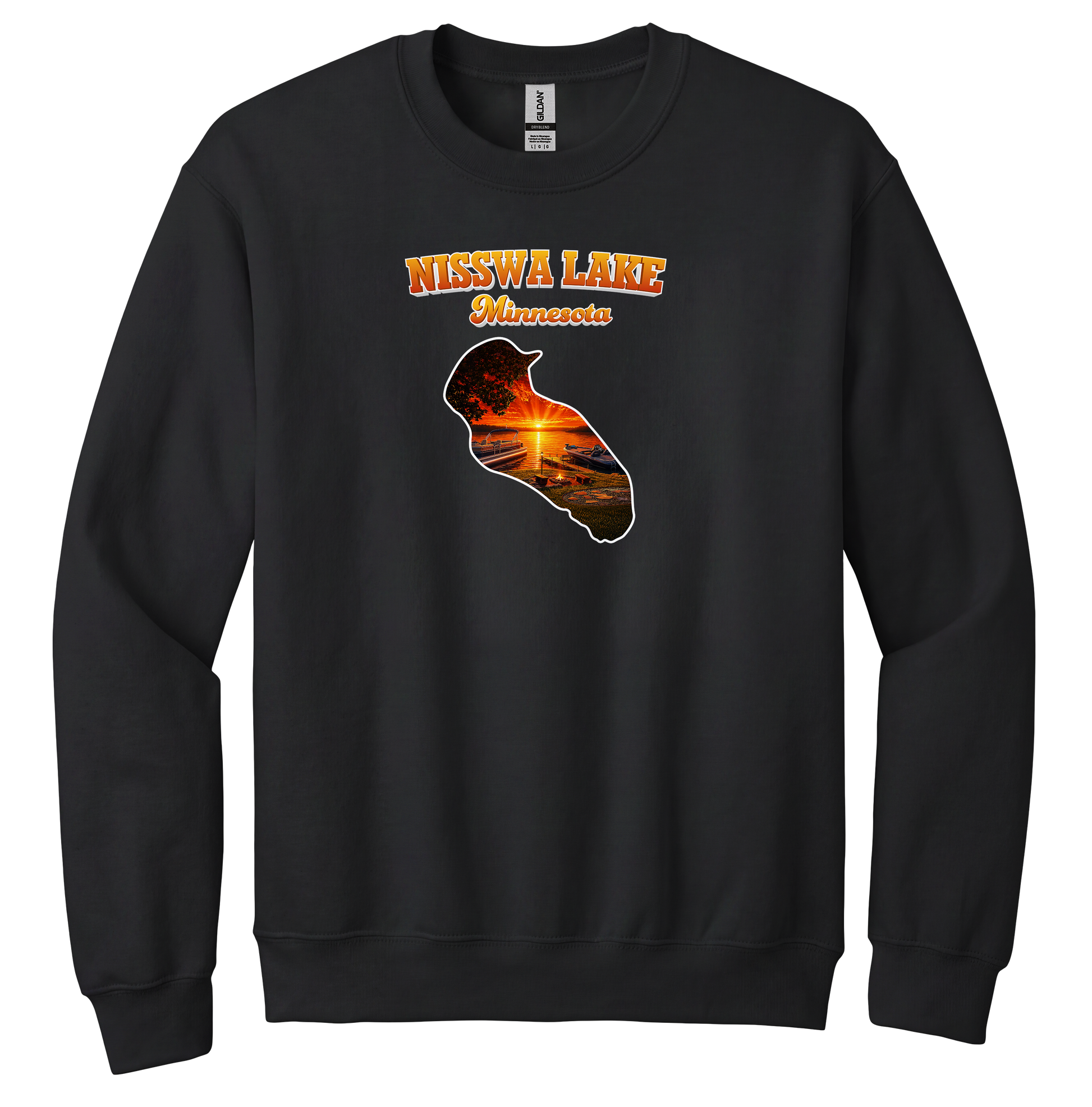 Nisswa Lake design on Black crewneck sweatshirt