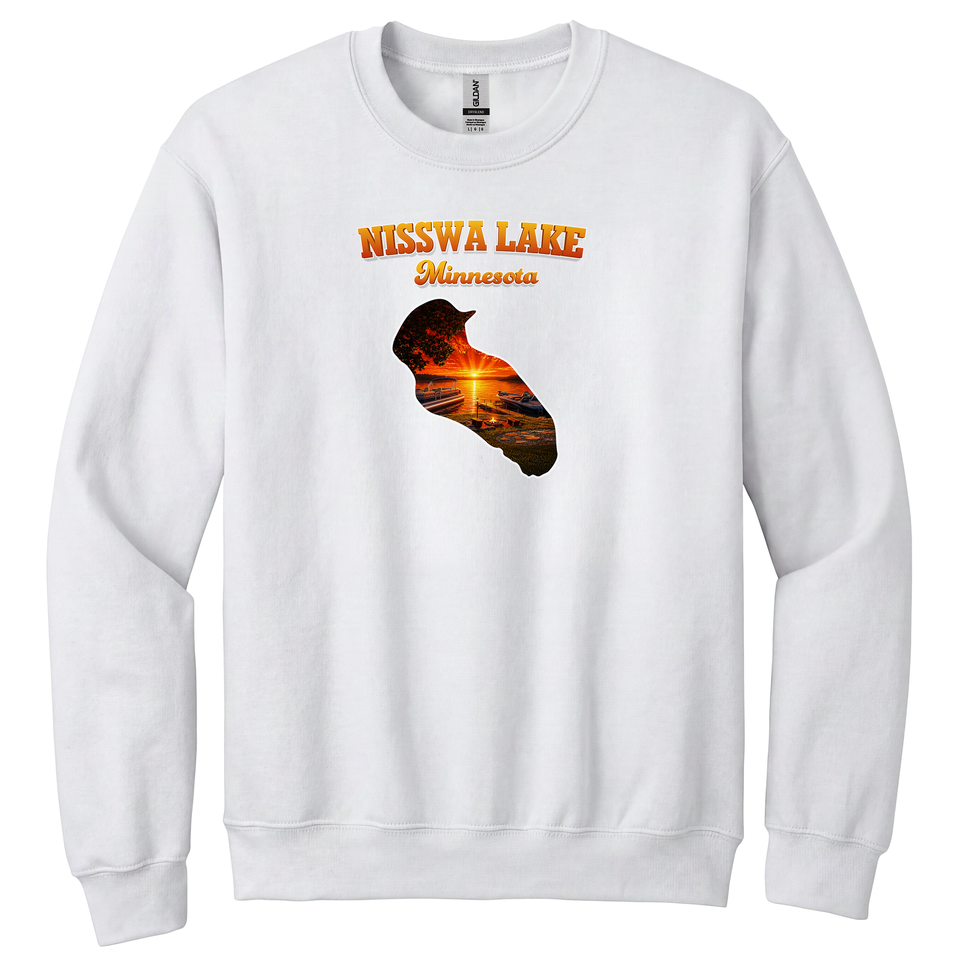 Nisswa Lake design on White crewneck sweatshirt