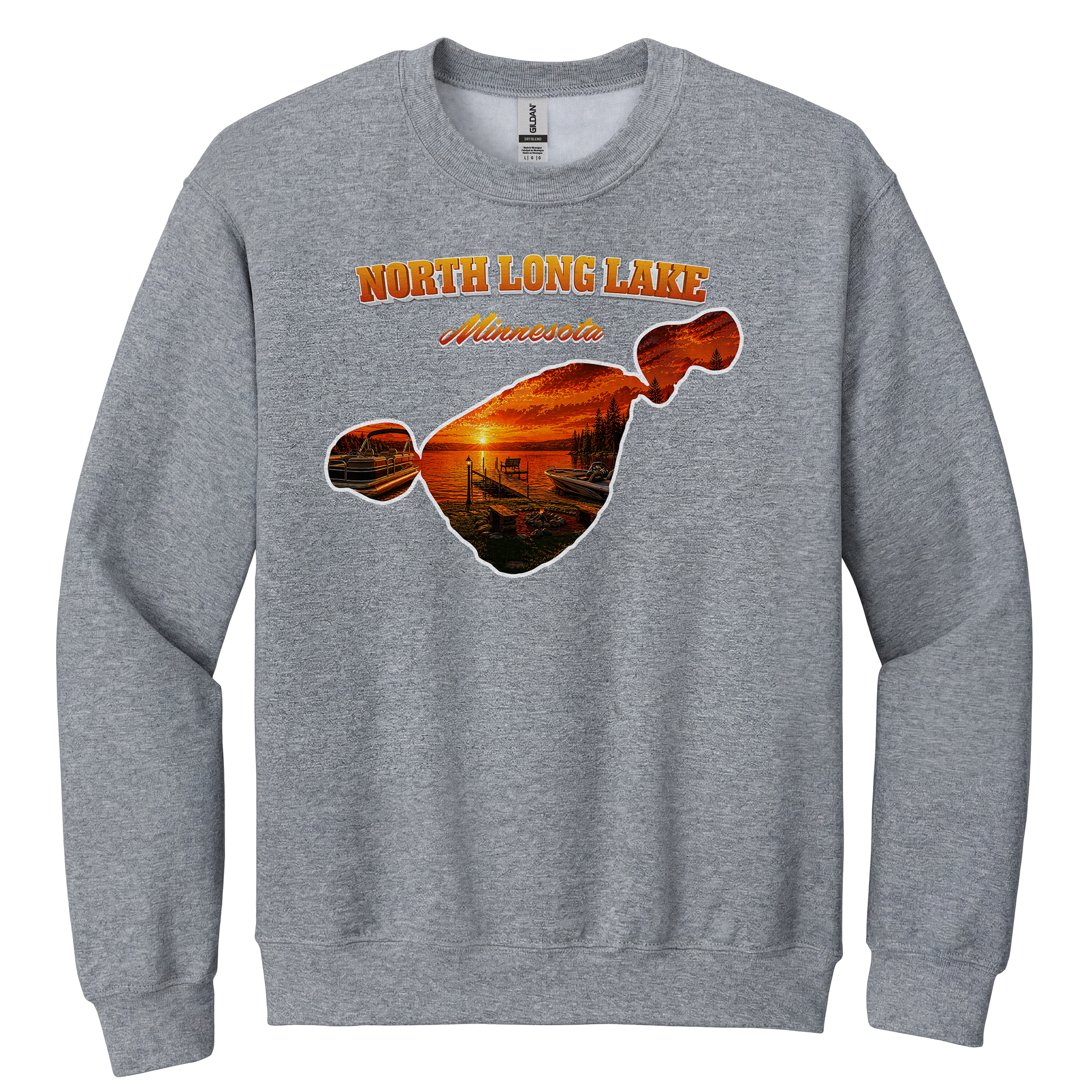 North Long Lake design on Heather Grey crewneck sweatshirt