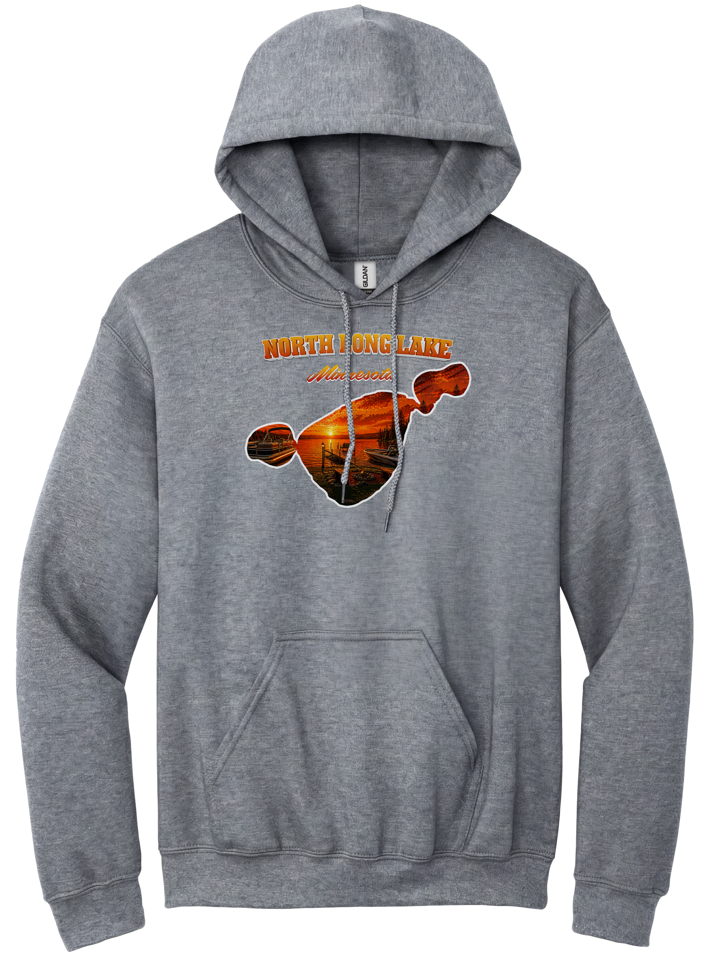 North Long Lake design on Heather Grey hoodie