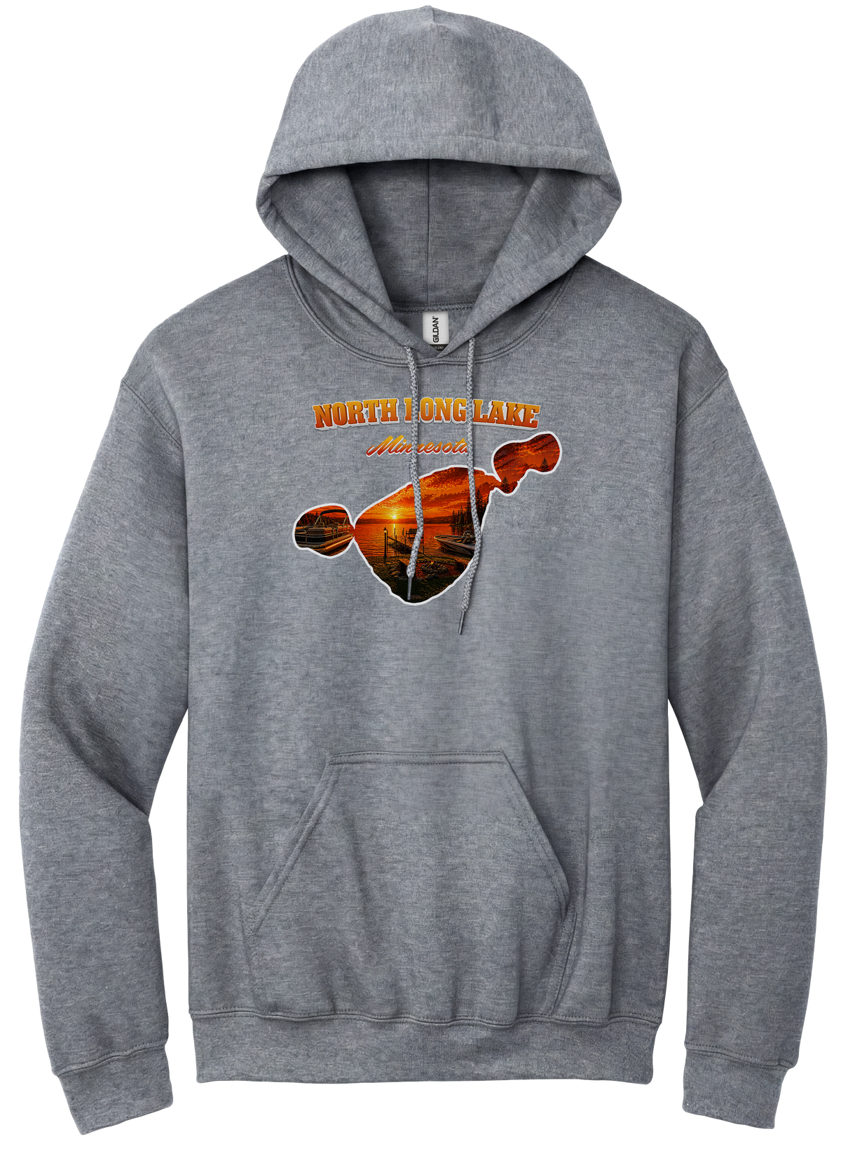 North Long Lake design on Heather Grey hoodie
