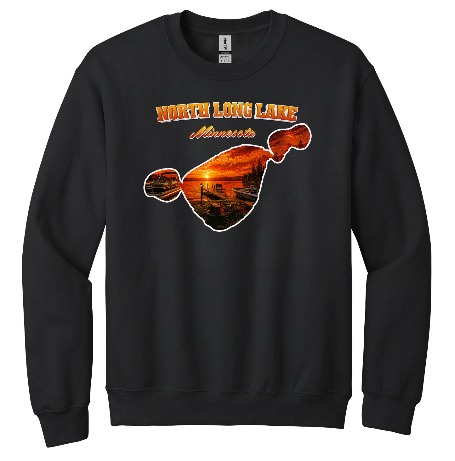 North Long Lake design on Black crewneck sweatshirt