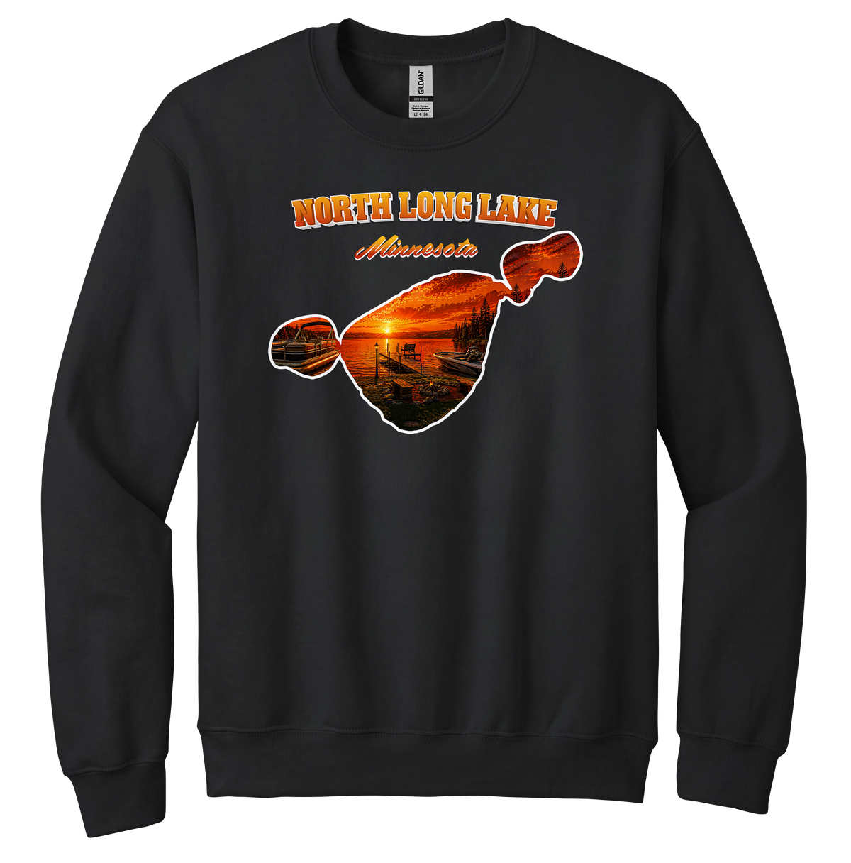 North Long Lake design on Black crewneck sweatshirt