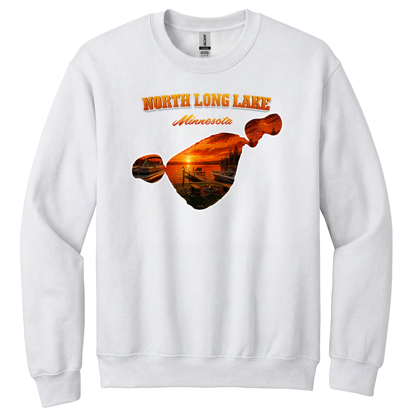 North Long Lake design on White crewneck sweatshirt