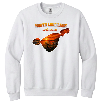 North Long Lake design on White crewneck sweatshirt