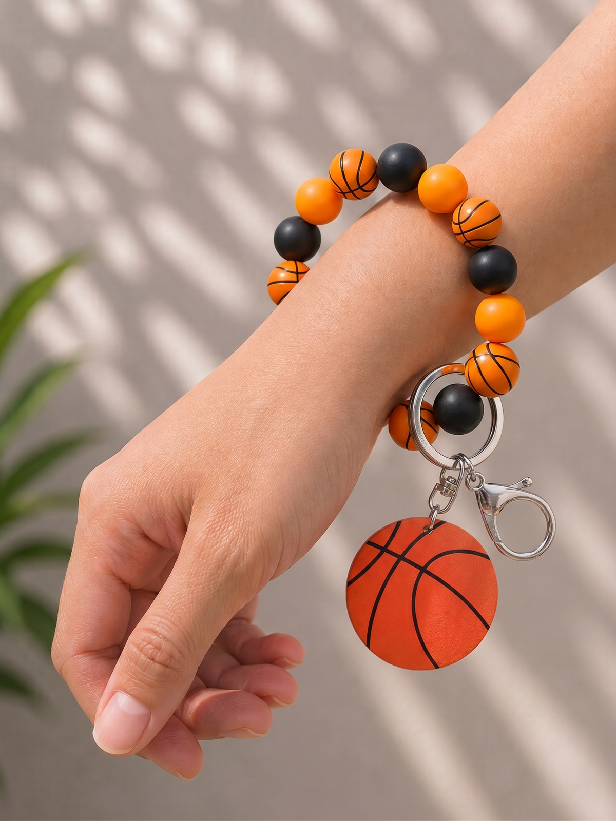 Basketball beaded wristlet keychain