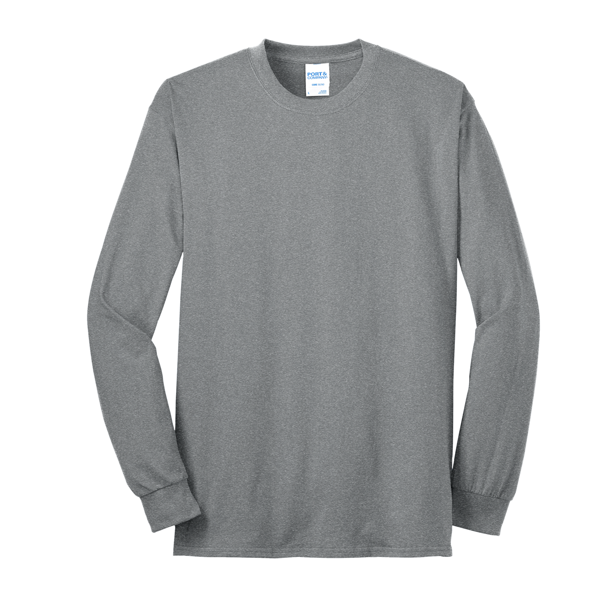 Custom Port & Company core blend long-sleeve T-shirt in Heather Athletic, front view