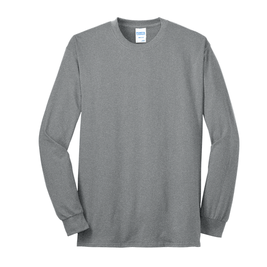 Custom Port & Company core blend long-sleeve T-shirt in Heather Athletic, front view